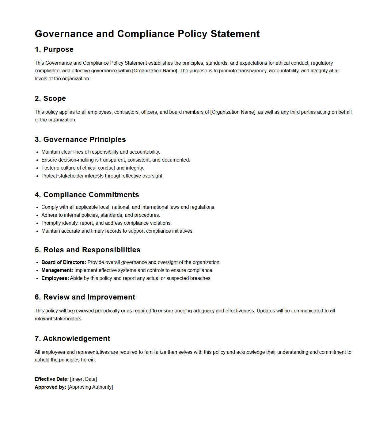 Governance and Compliance Policy Statement Sample