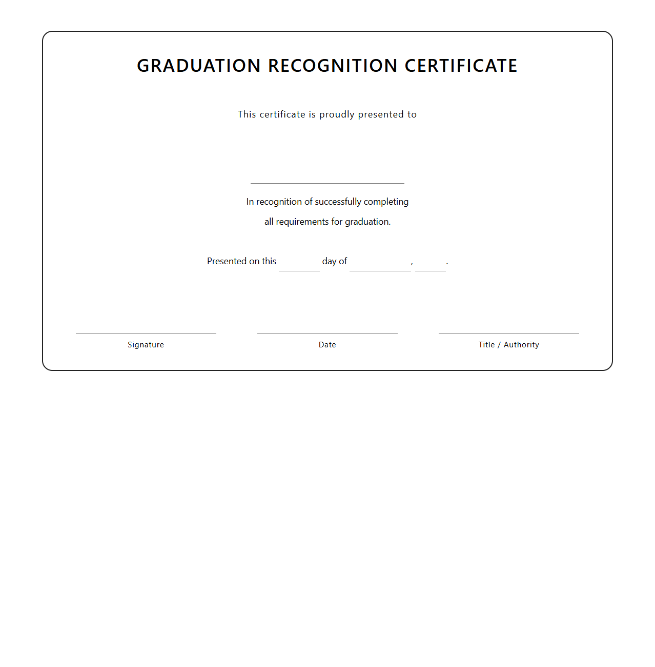 Graduation Recognition Certificate Template