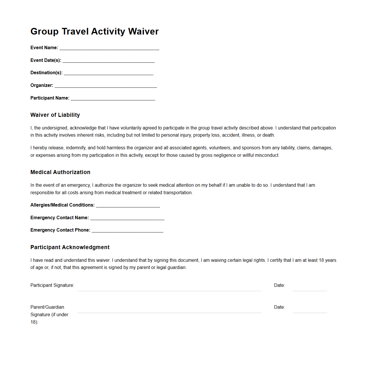 Group Travel Activity Waiver Template