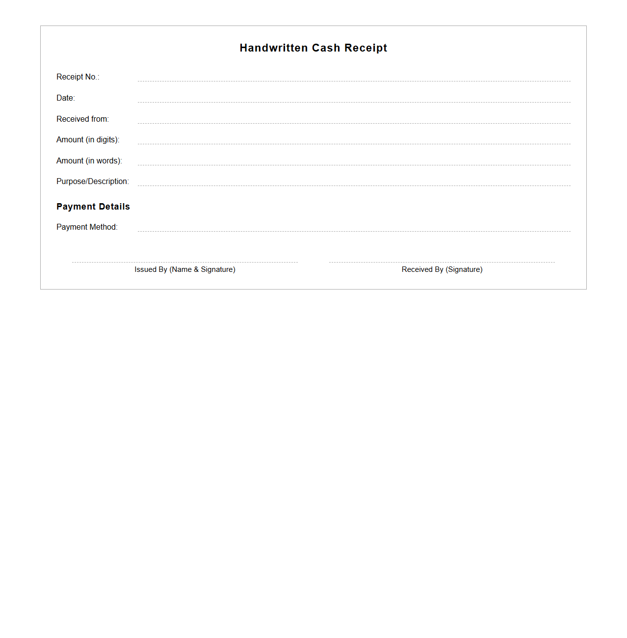 Handwritten Cash Receipt Template for Onsite Collections