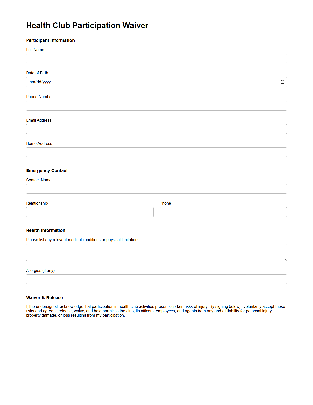 Health Club Participation Waiver Example Form