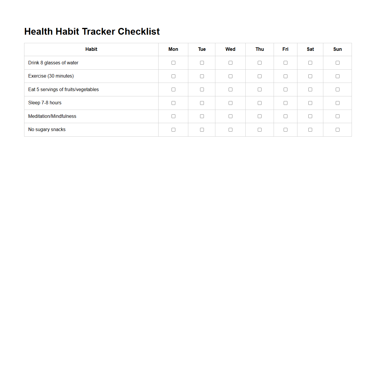 Health Habit Tracker Checklist Template