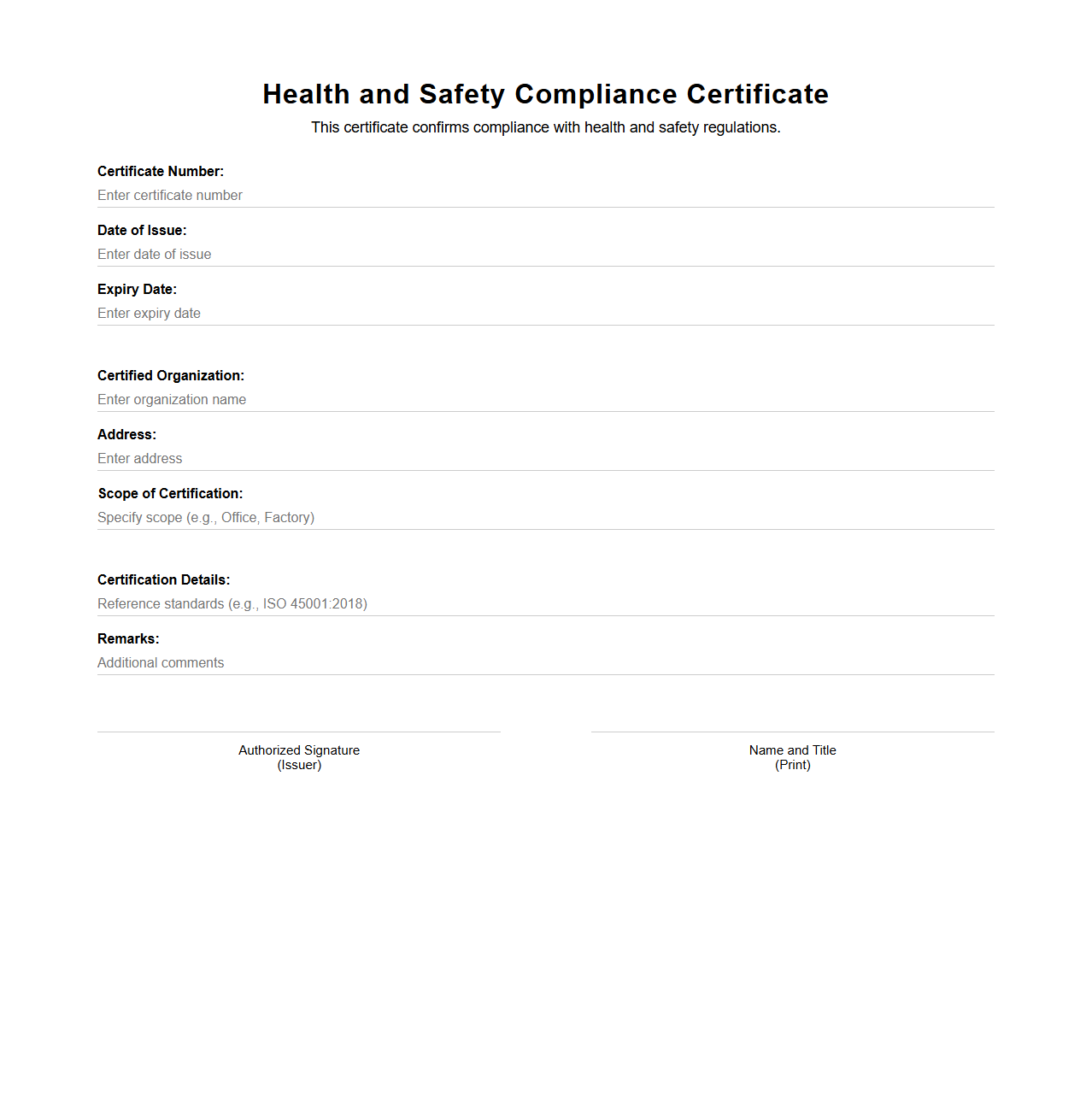 Health and Safety Compliance Certificate Template