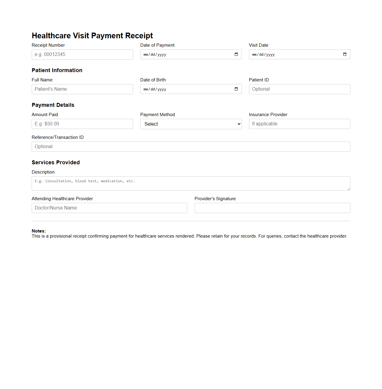 Healthcare Visit Payment Receipt Form