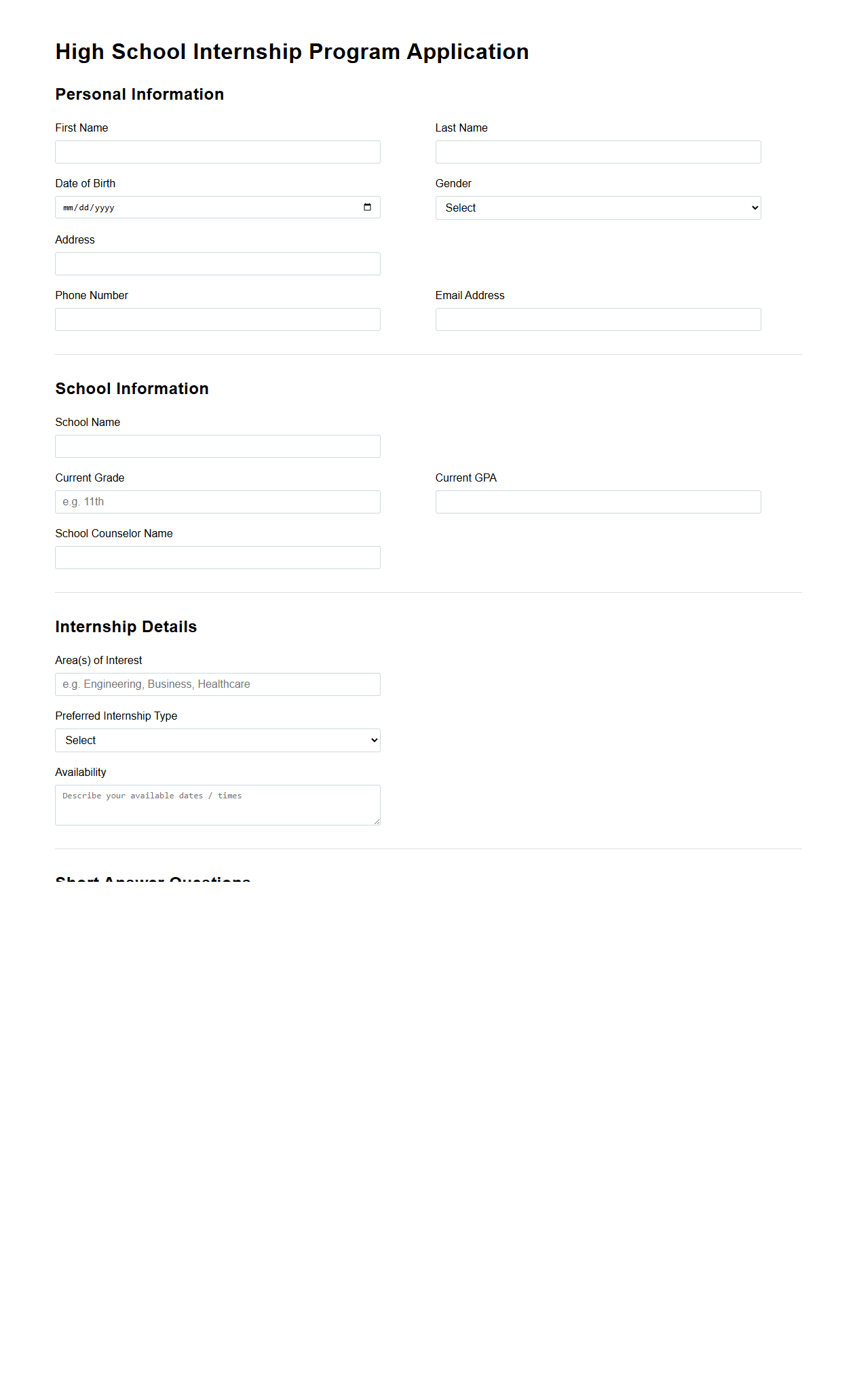 High School Internship Program Application Template