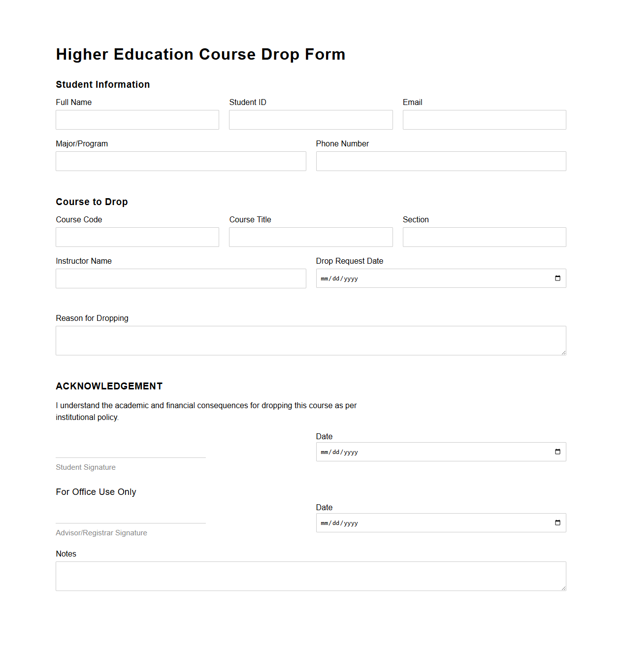 Higher Education Course Drop Form