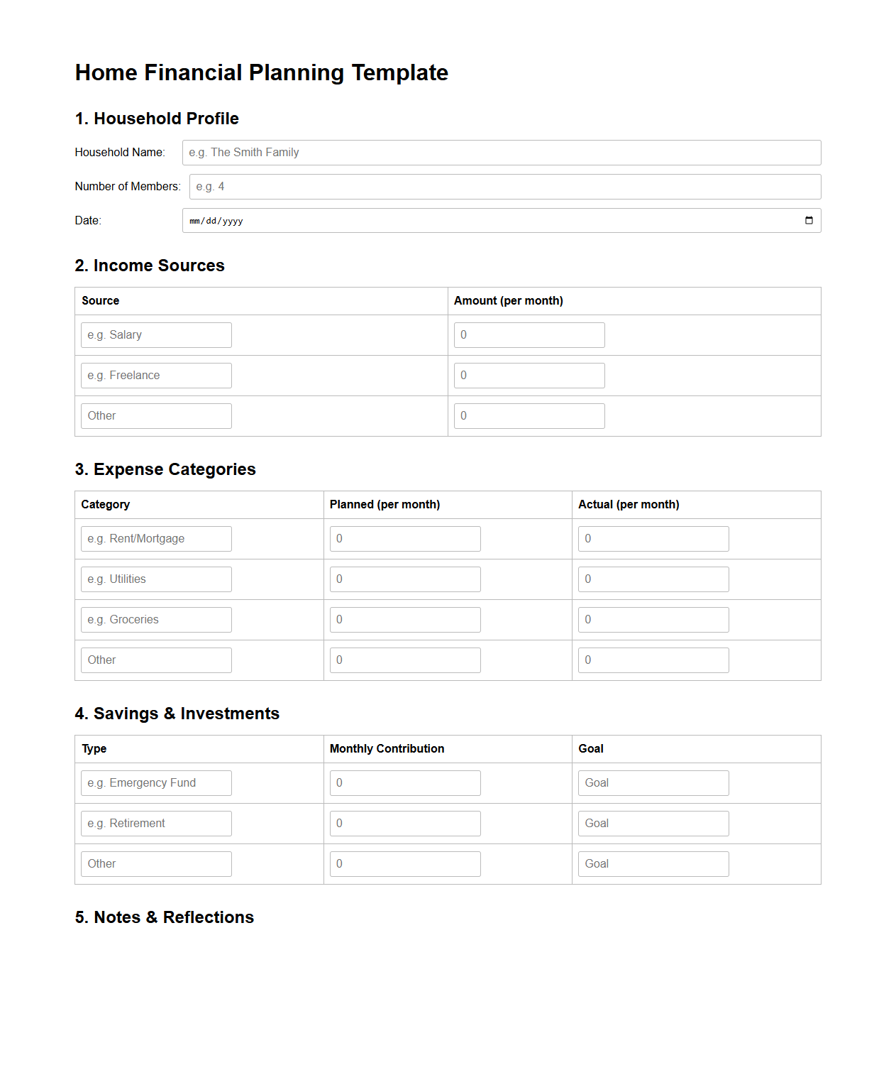 Home Financial Planning Template