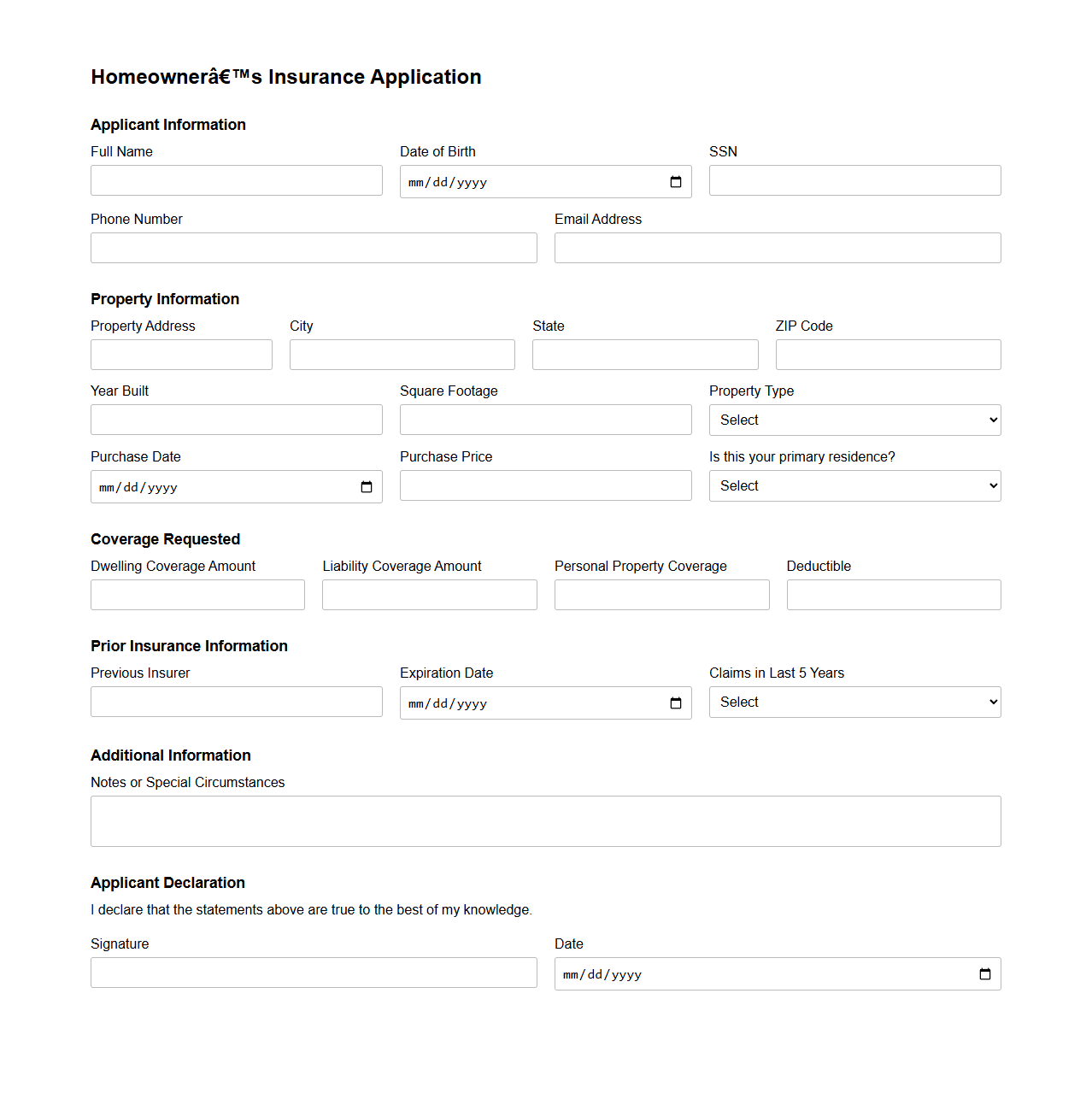 Homeowner’s Insurance Application Blank