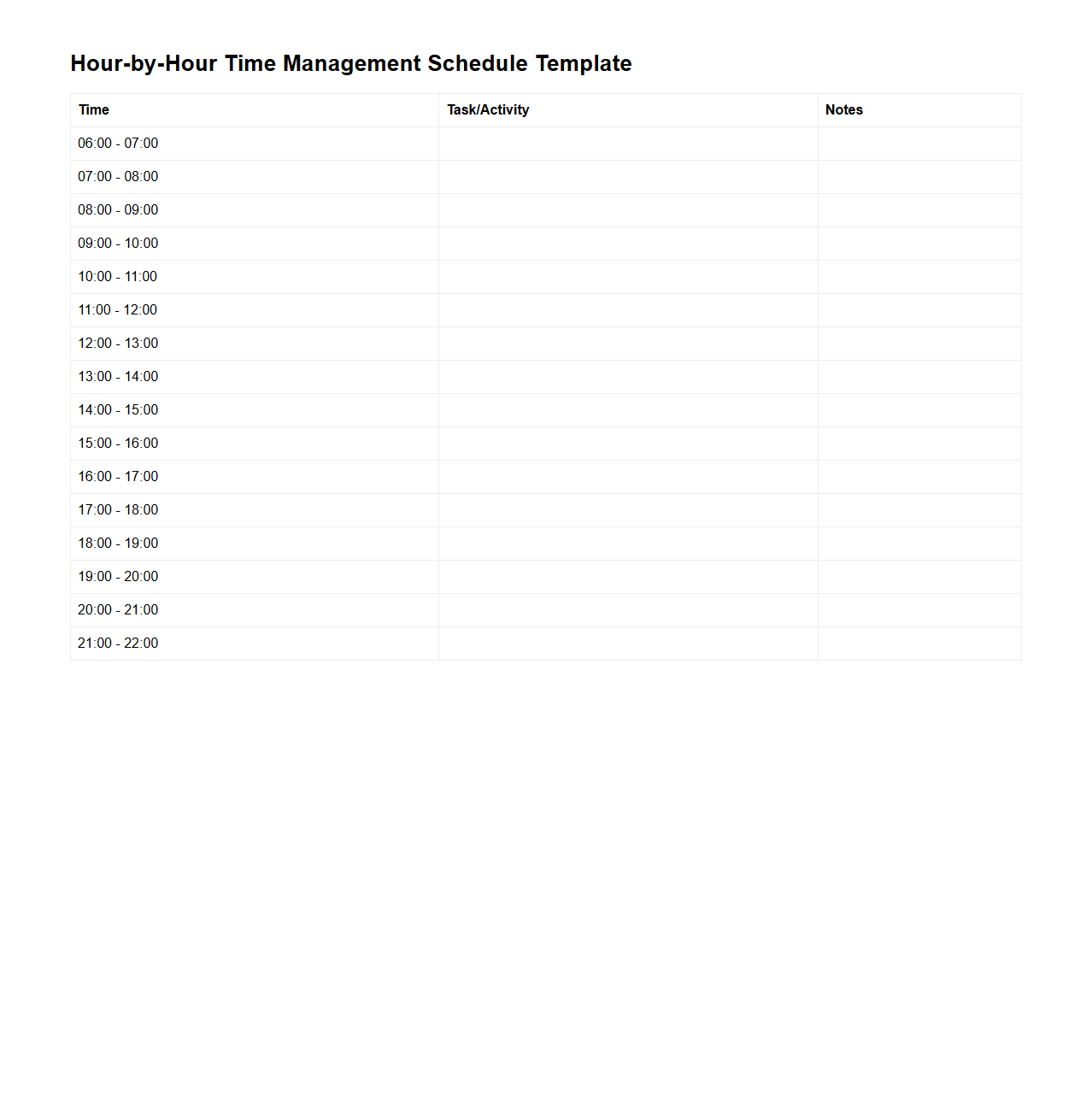 Hour-by-Hour Time Management Schedule Template