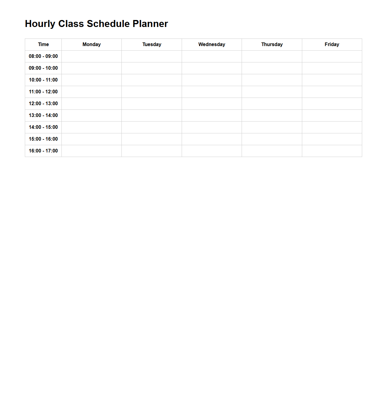 Hourly Class Schedule Planner