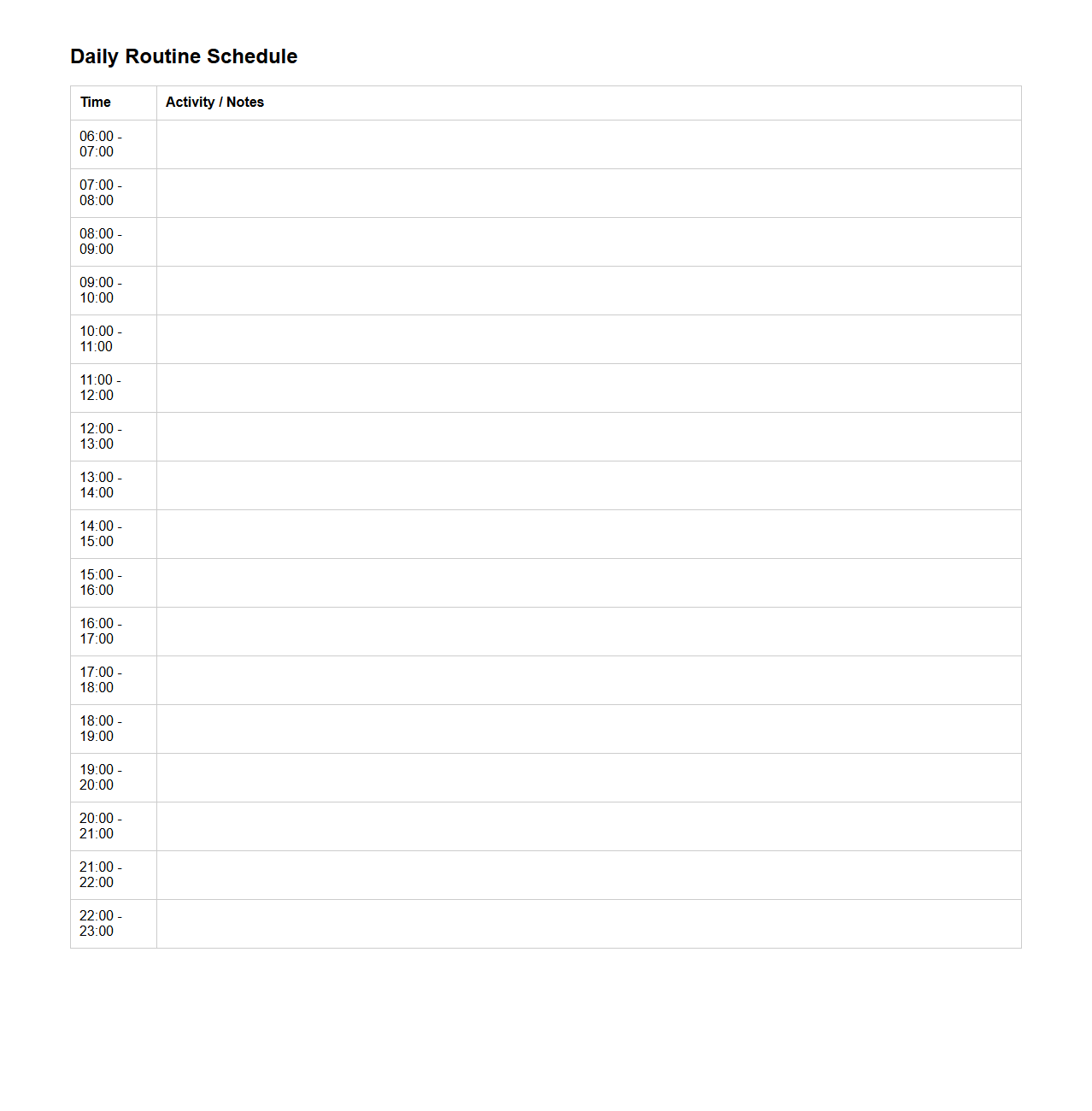Hourly Daily Schedule Layout for Routine Tracking
