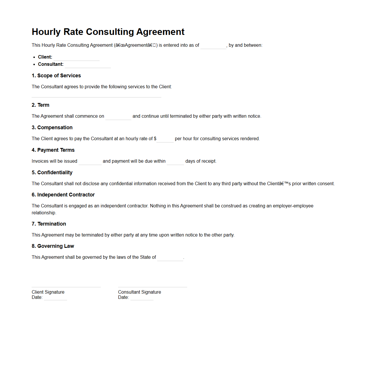Hourly Rate Consulting Agreement Template