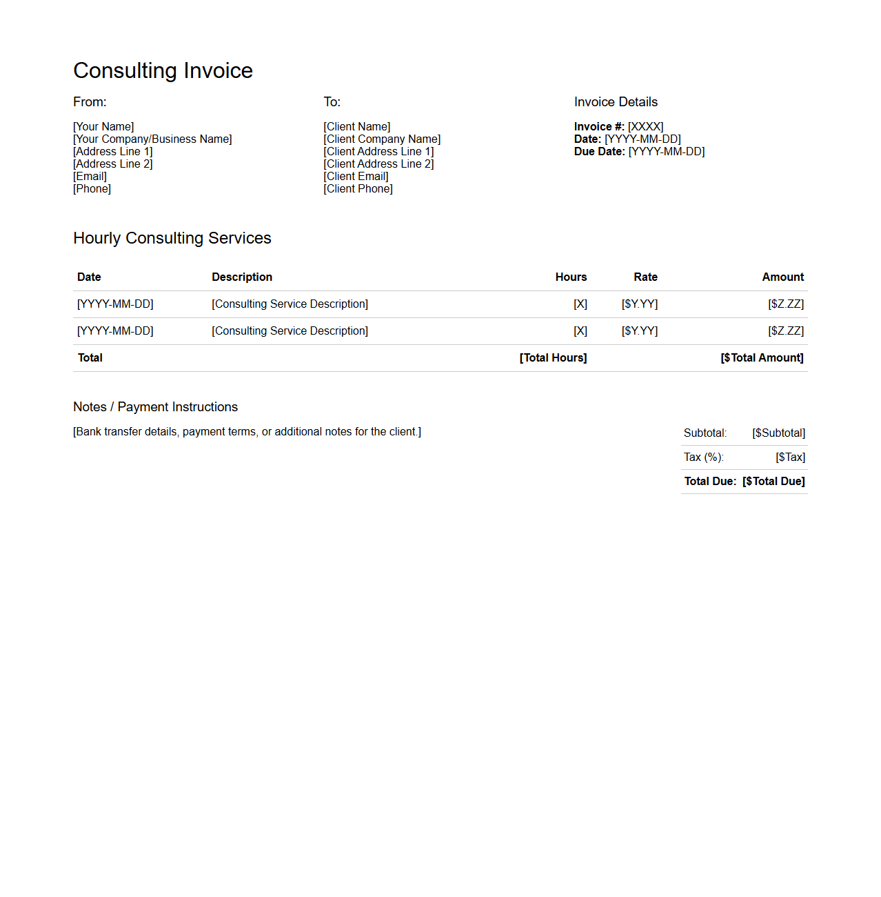 Hourly Rate Consulting Invoice Model