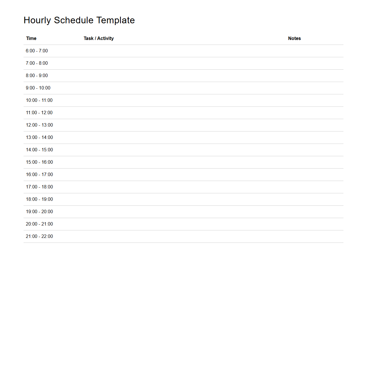 Hourly Schedule Template for Daily Time Blocking