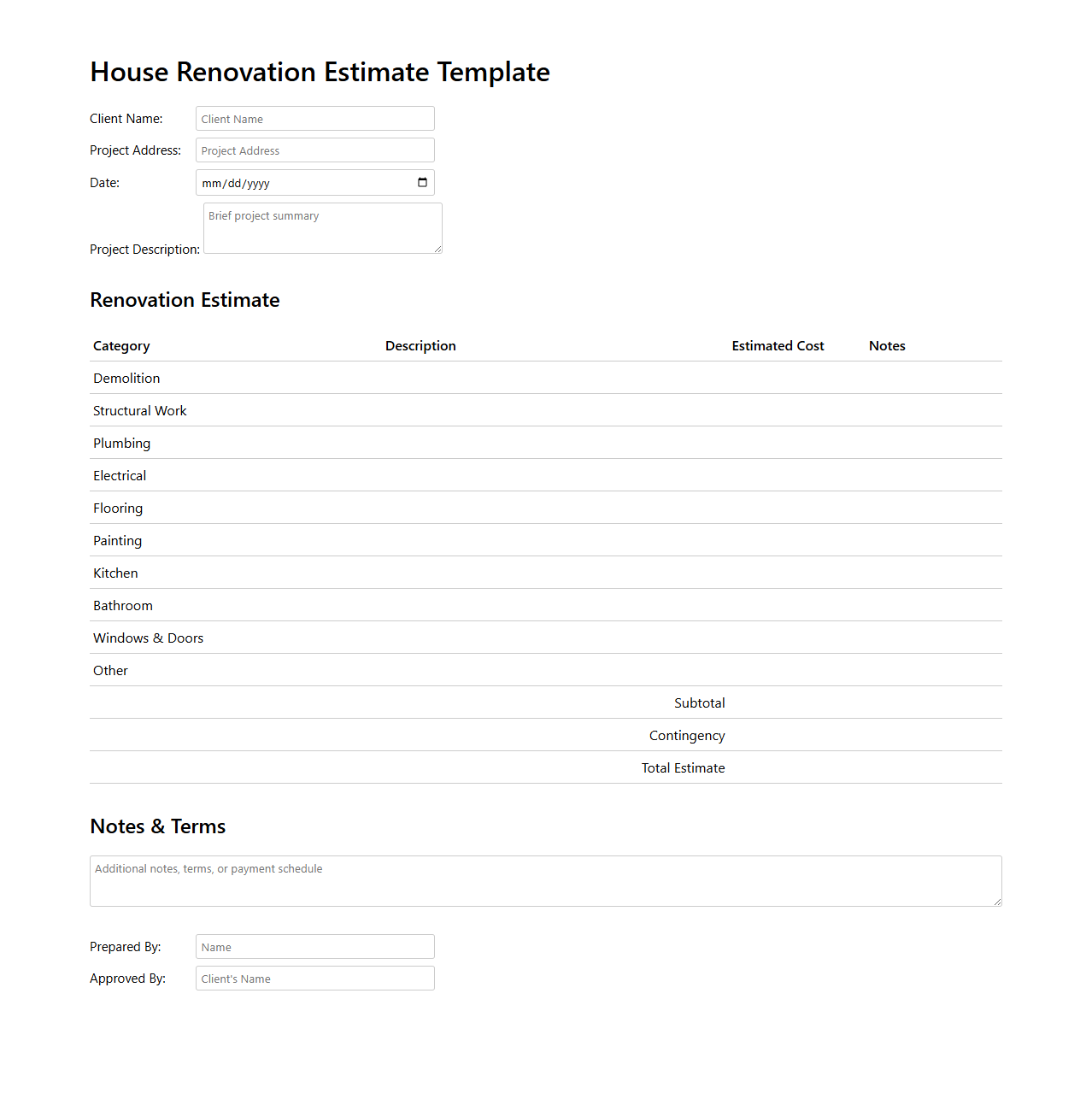 House Renovation Estimate Template for Cost Management