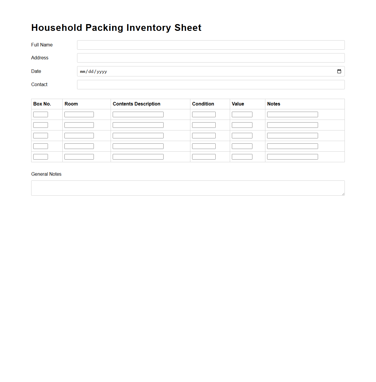 Household Packing Inventory Sheet
