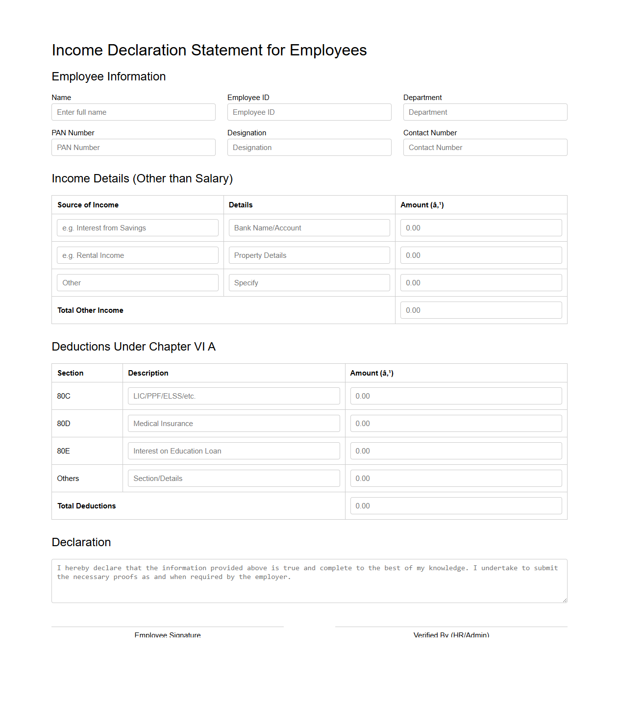 Income Declaration Statement for Employees