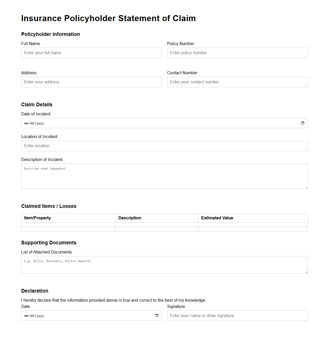 Insurance Policyholder Statement of Claim Example