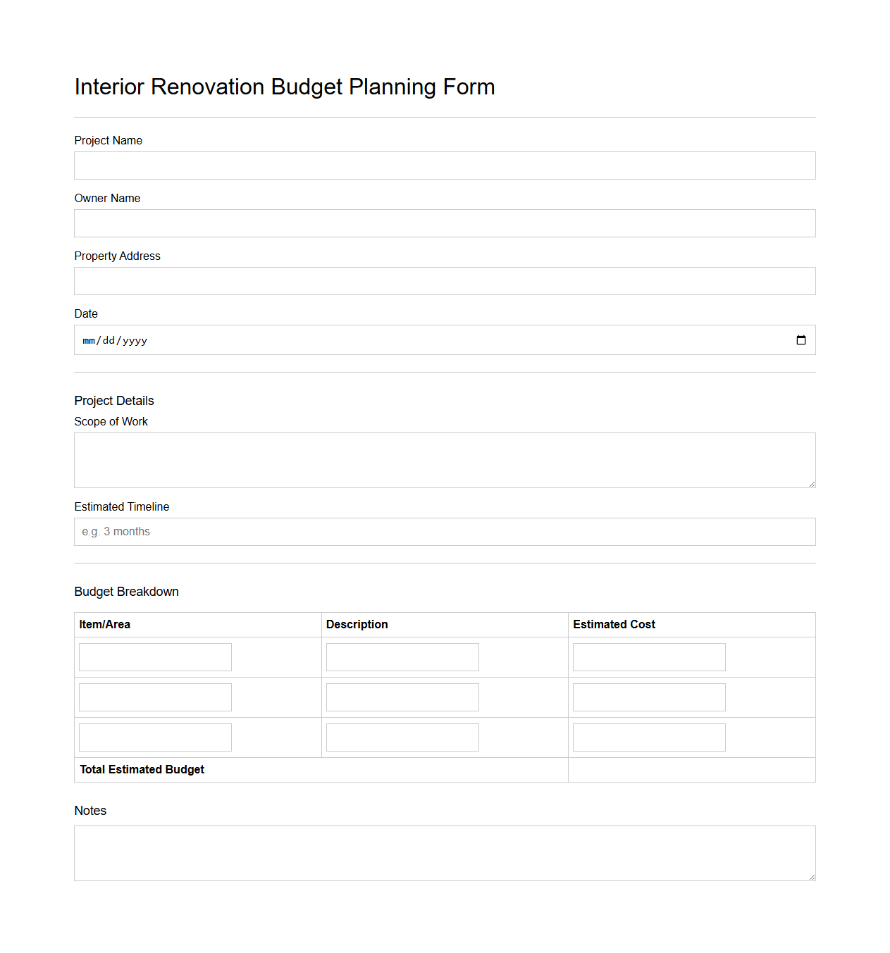 Interior Renovation Budget Planning Form