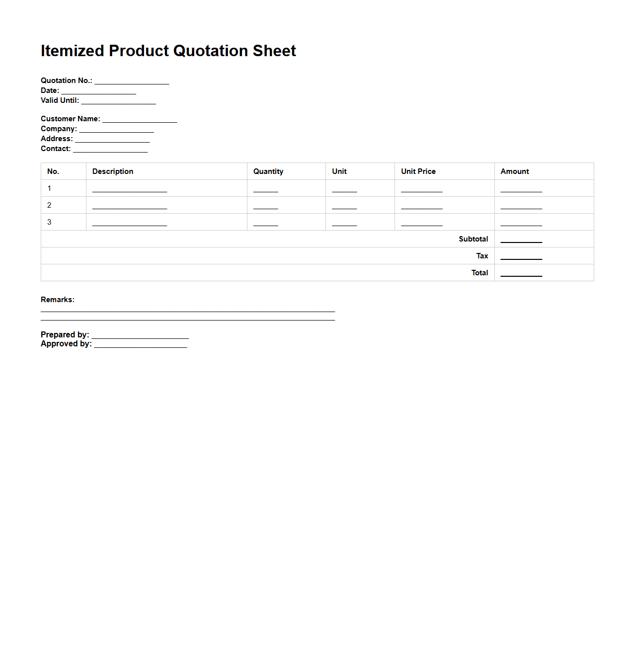 Itemized Product Quotation Sheet