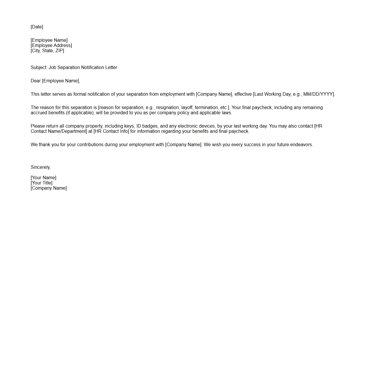 Job Separation Notification Letter Template