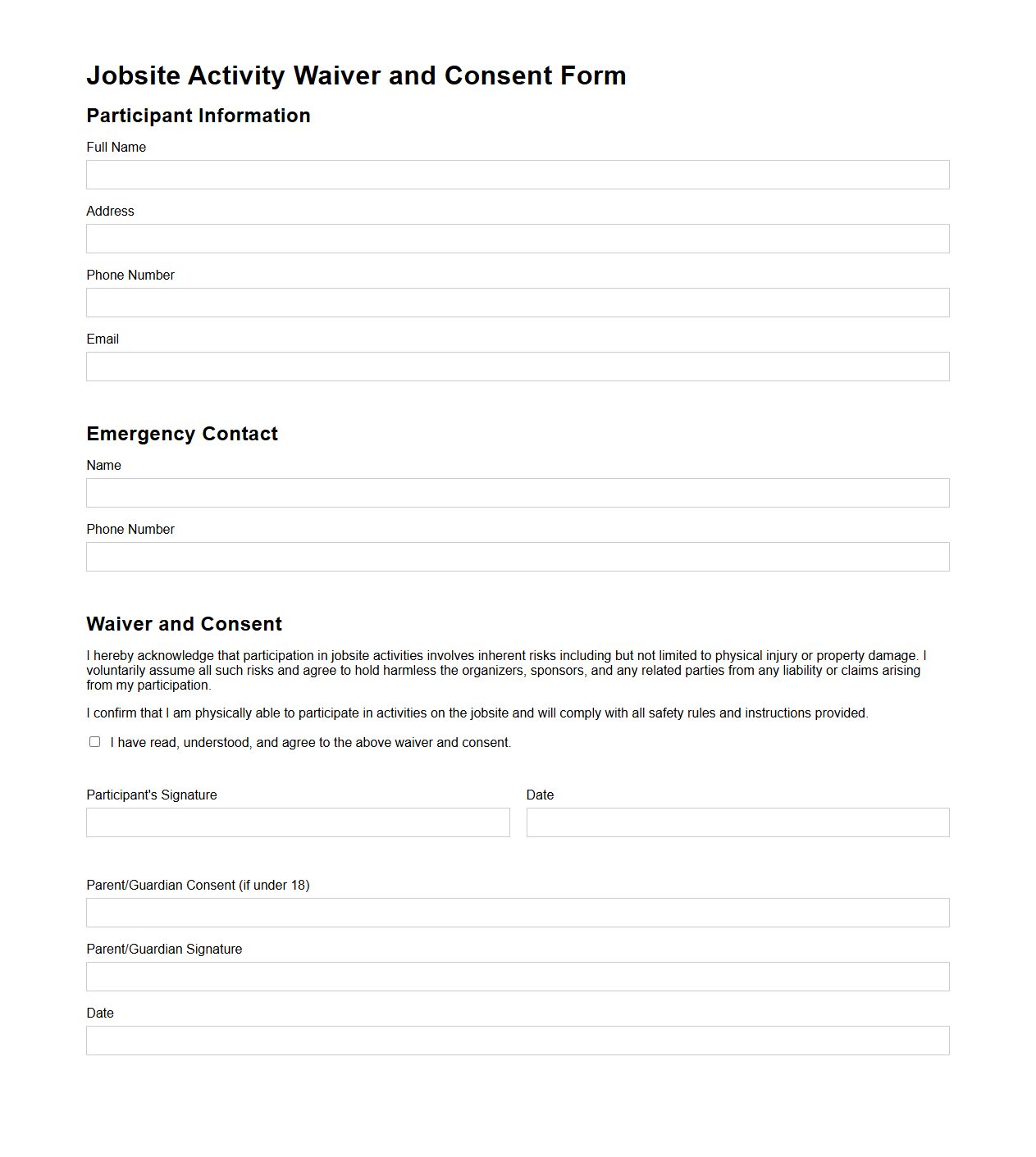 Jobsite Activity Waiver and Consent Form