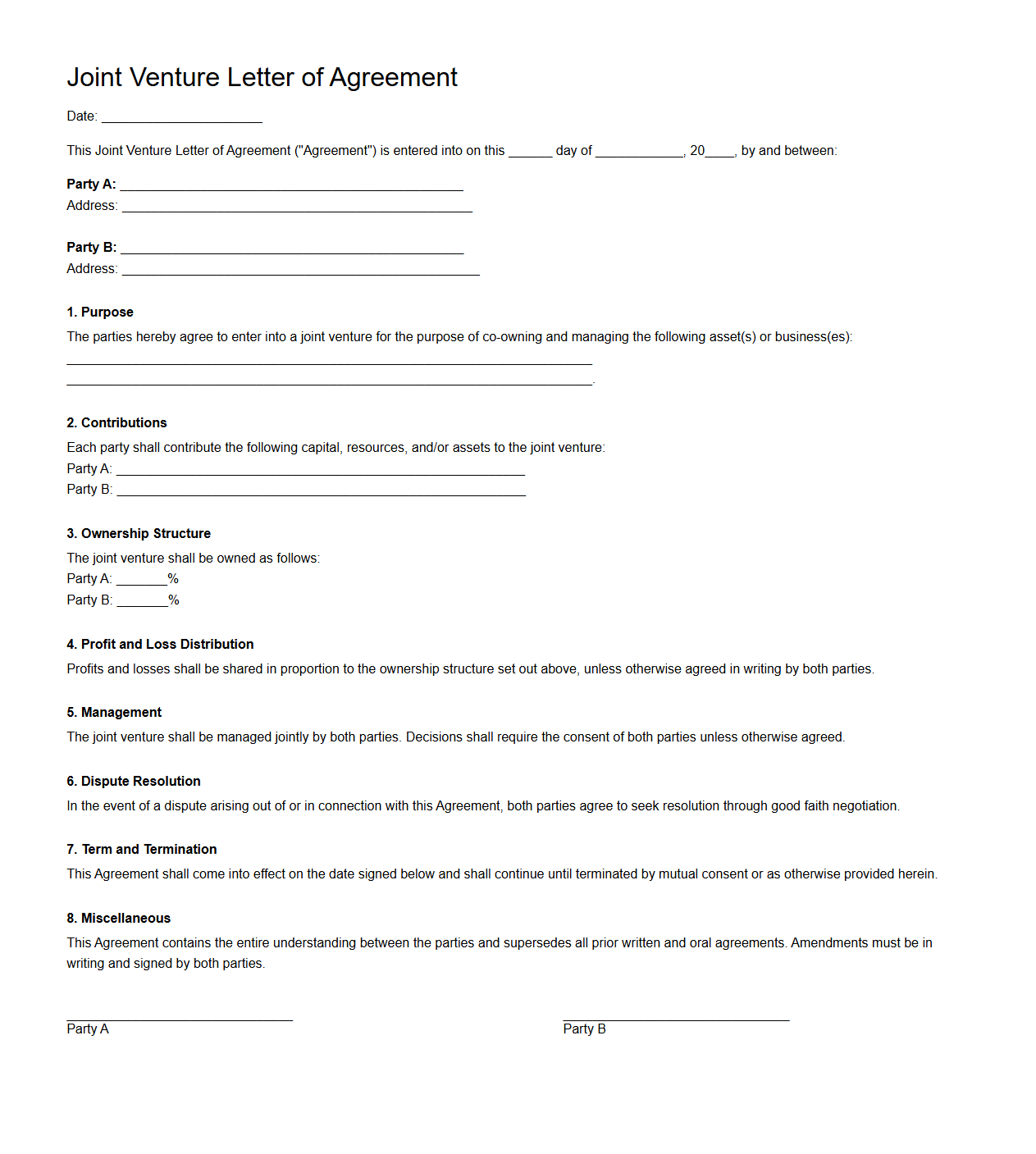 Joint Venture Letter of Agreement Sample for Co-ownership