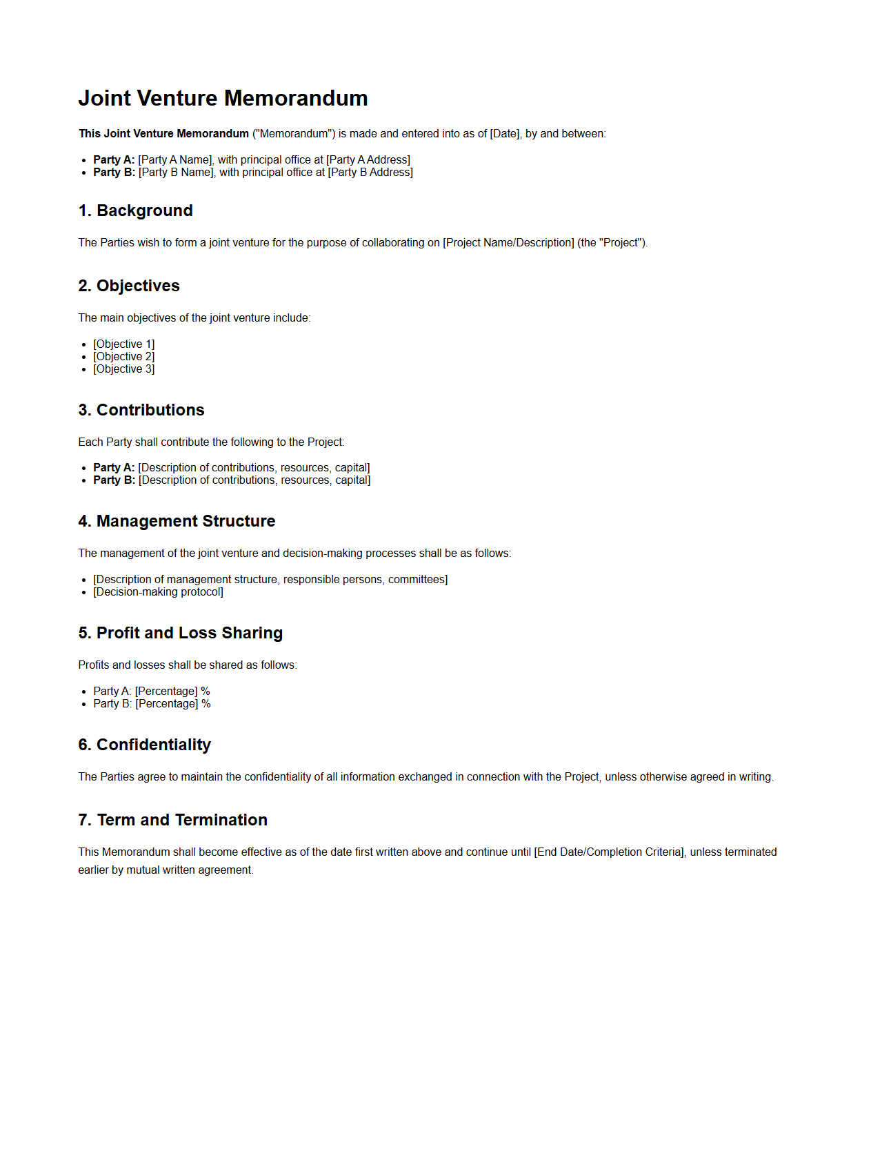 Joint Venture Memorandum Template for Project Partnerships