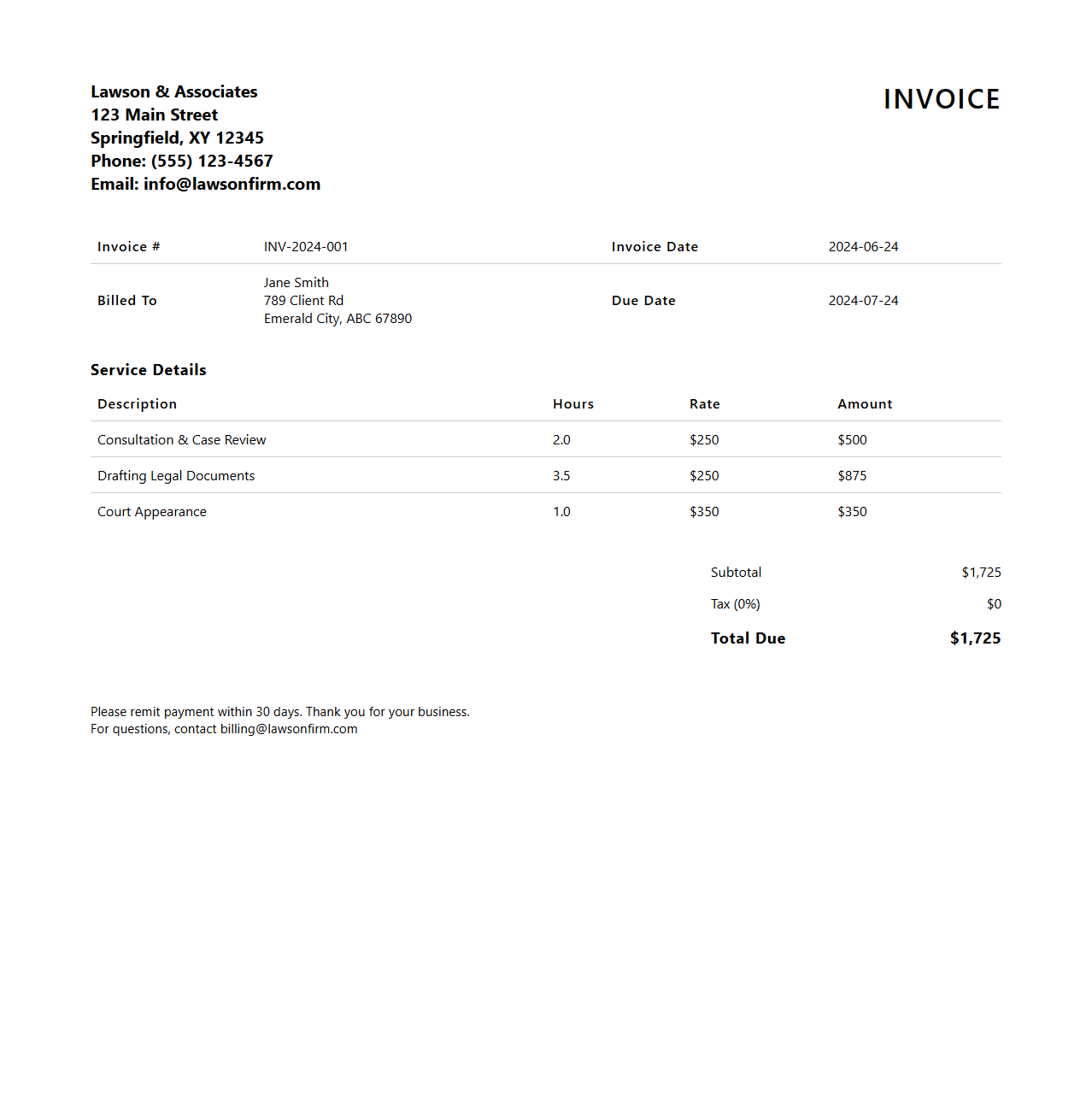 Law Firm Service Invoice Design