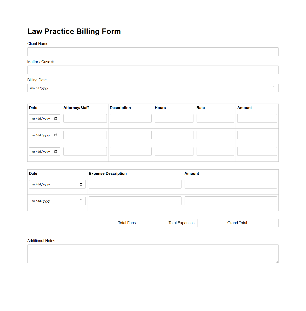 Law Practice Billing Form