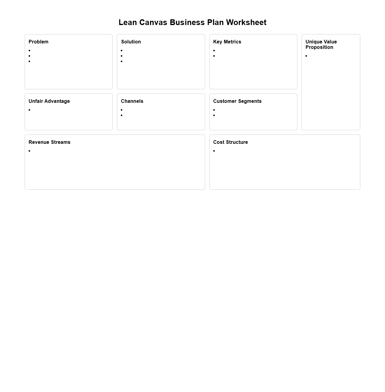 Lean Canvas Business Plan Worksheet