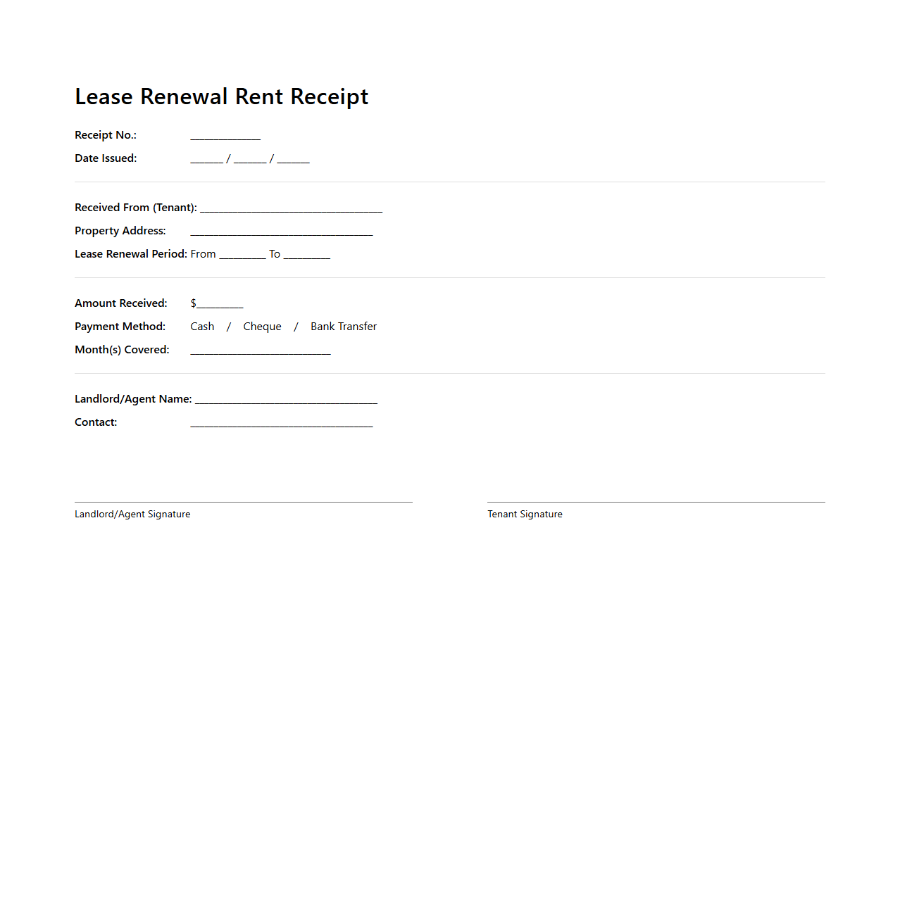 Lease Renewal Rent Receipt Example