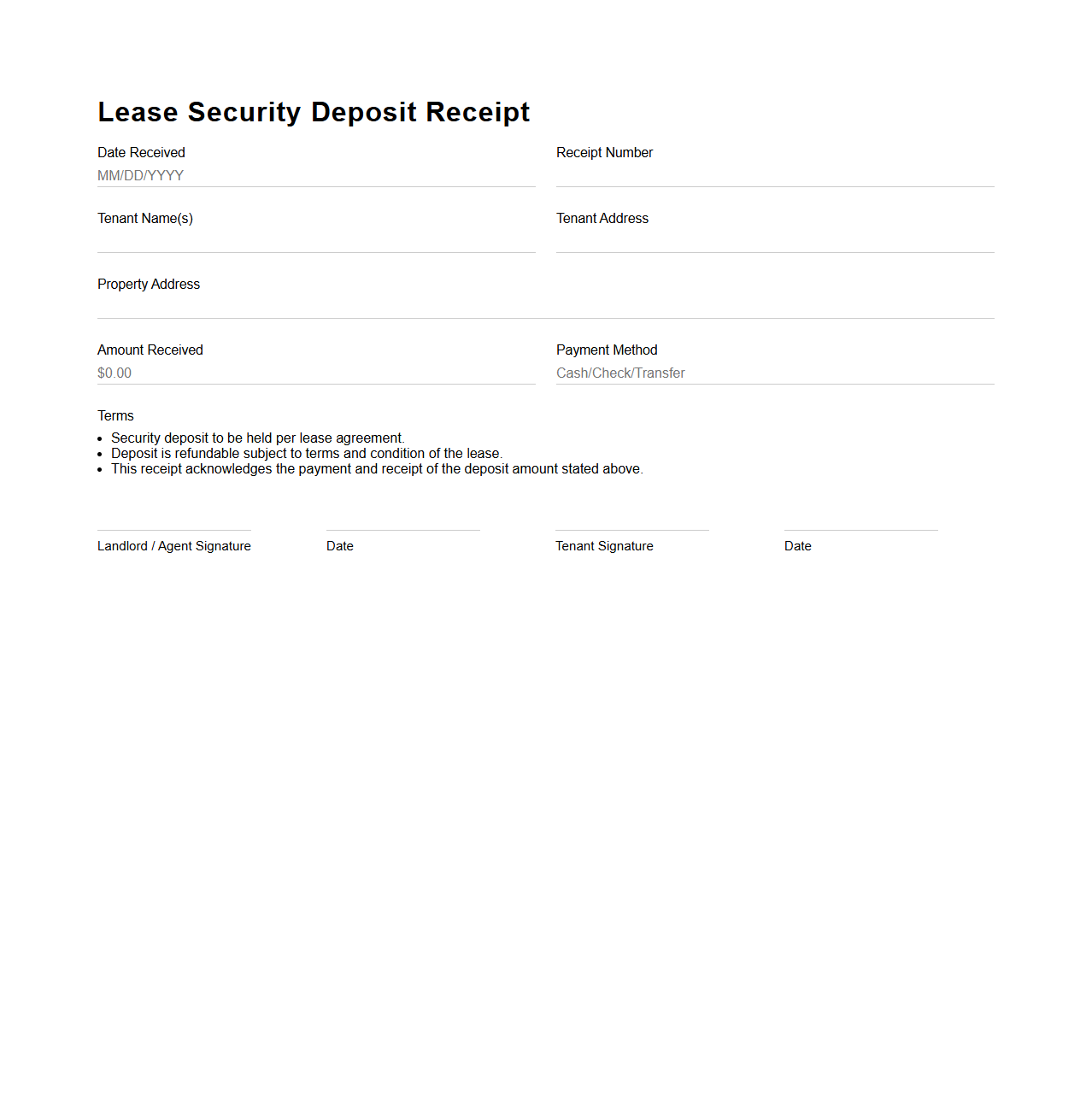 Lease Security Deposit Receipt Layout