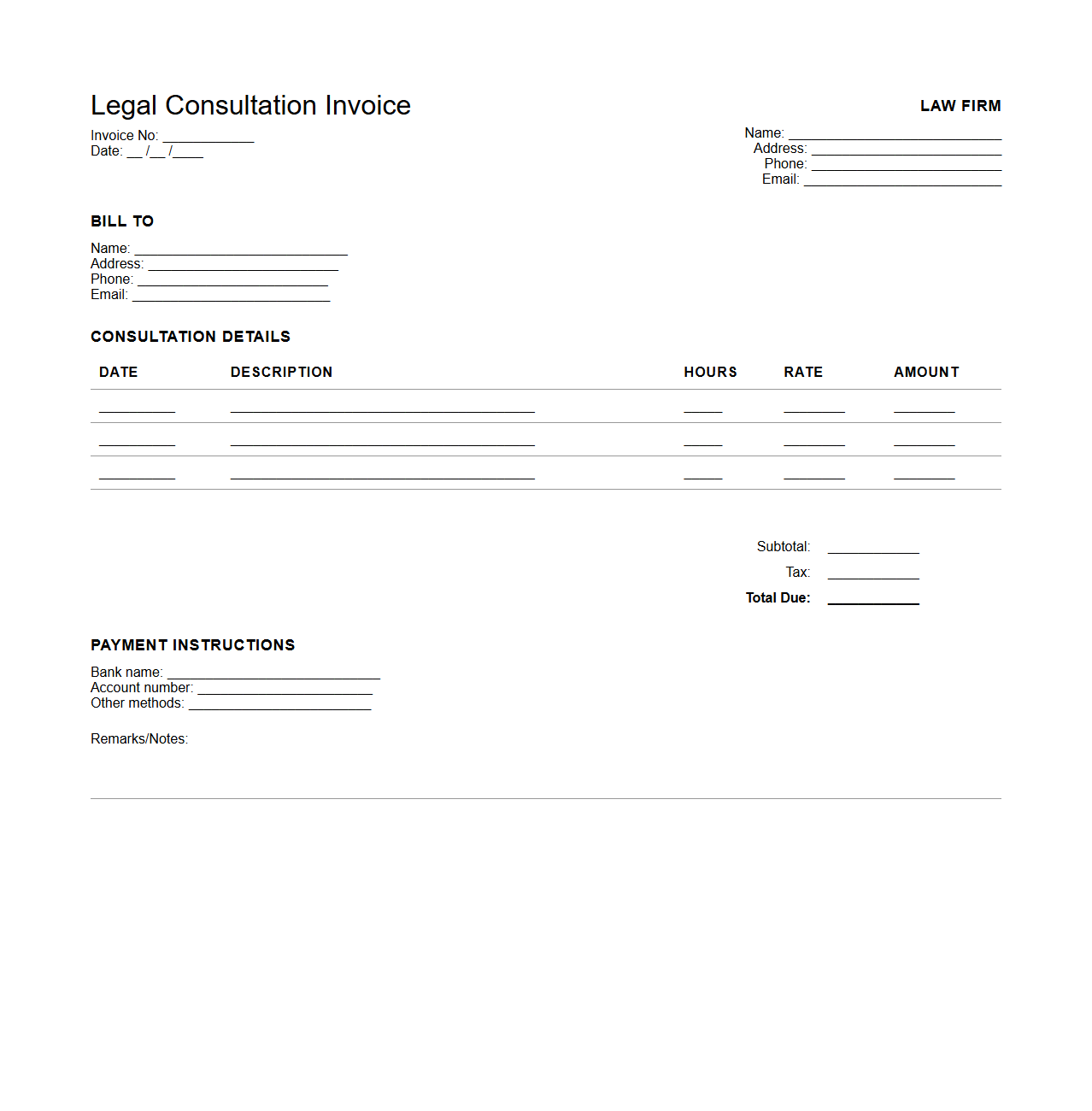 Legal Consultation Billing Invoice Blank Layout