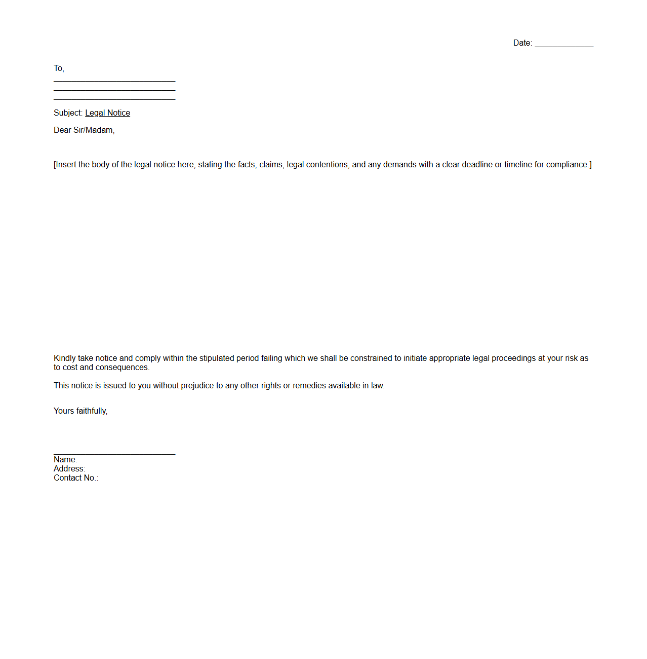 Legal Notice Blank Letter Format