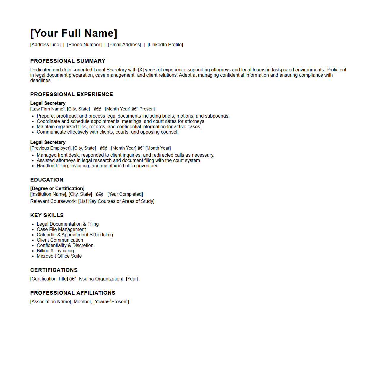 Legal Secretary Resume Template for Professional Applications