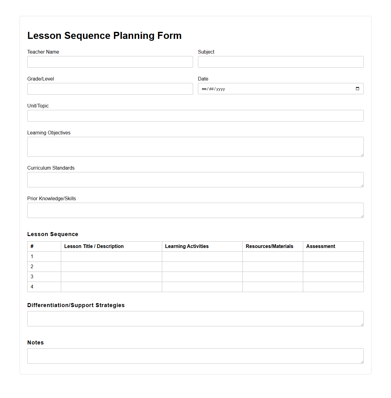 Lesson Sequence Planning Form for Education
