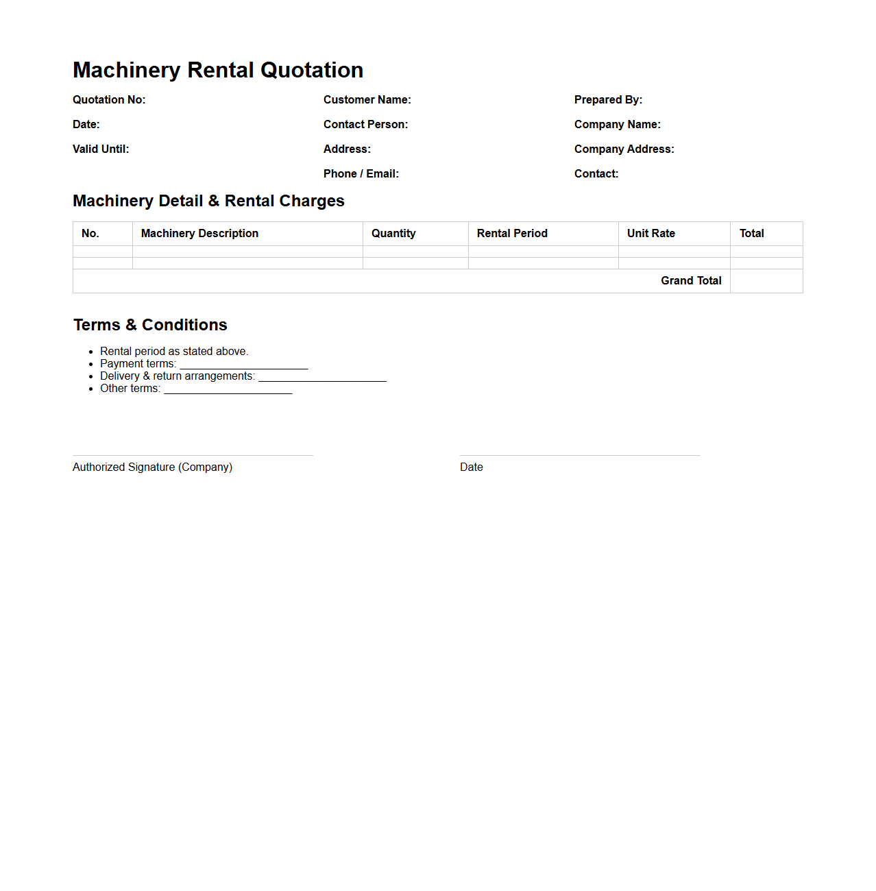 Machinery Rental Quotation Document