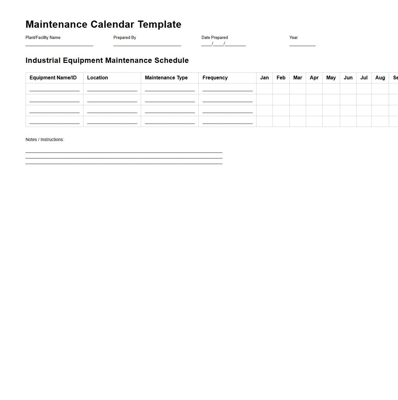 Maintenance Calendar Template for Industrial Equipment