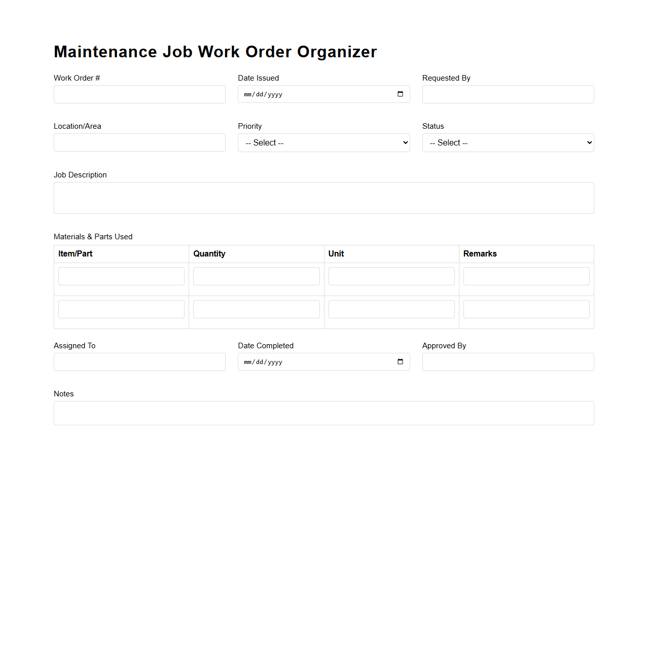 Maintenance Job Work Order Organizer