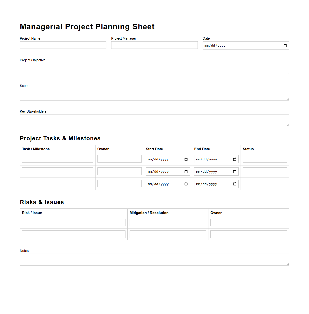 Managerial Project Planning Sheet