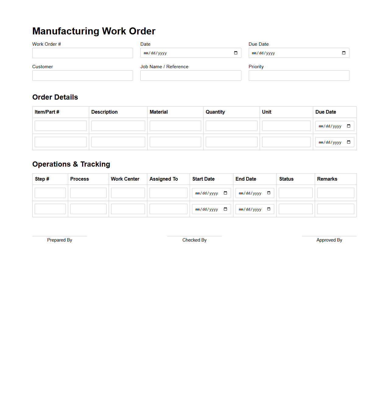 Manufacturing Work Order Layout for Job Tracking