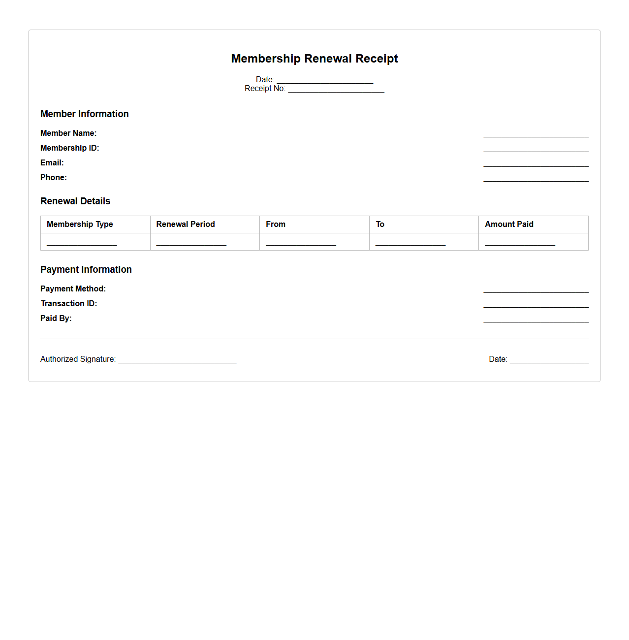 Membership Renewal Receipt Template