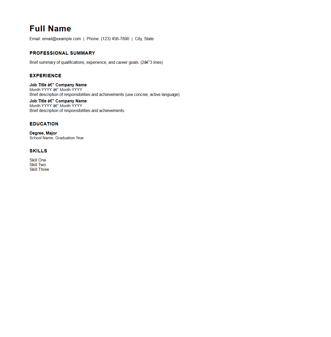Minimalist Blank Resume Format for Work Applications