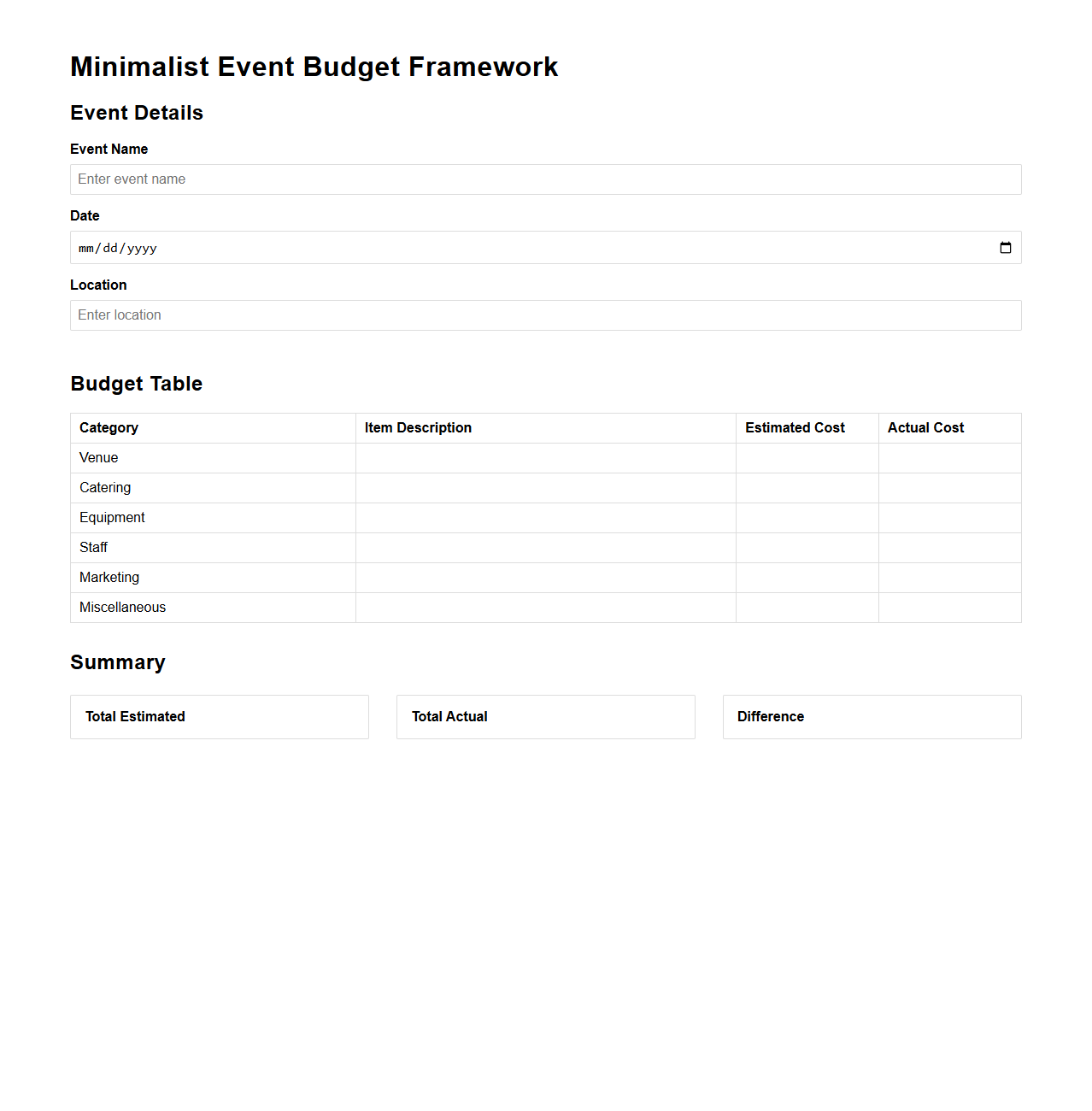 Minimalist Event Budget Framework for Events