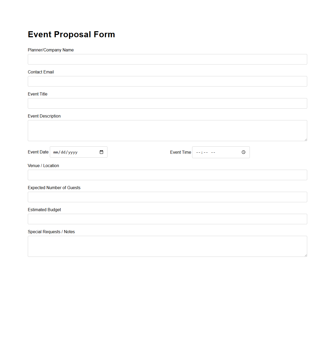 Minimalist Event Proposal Form for Planners