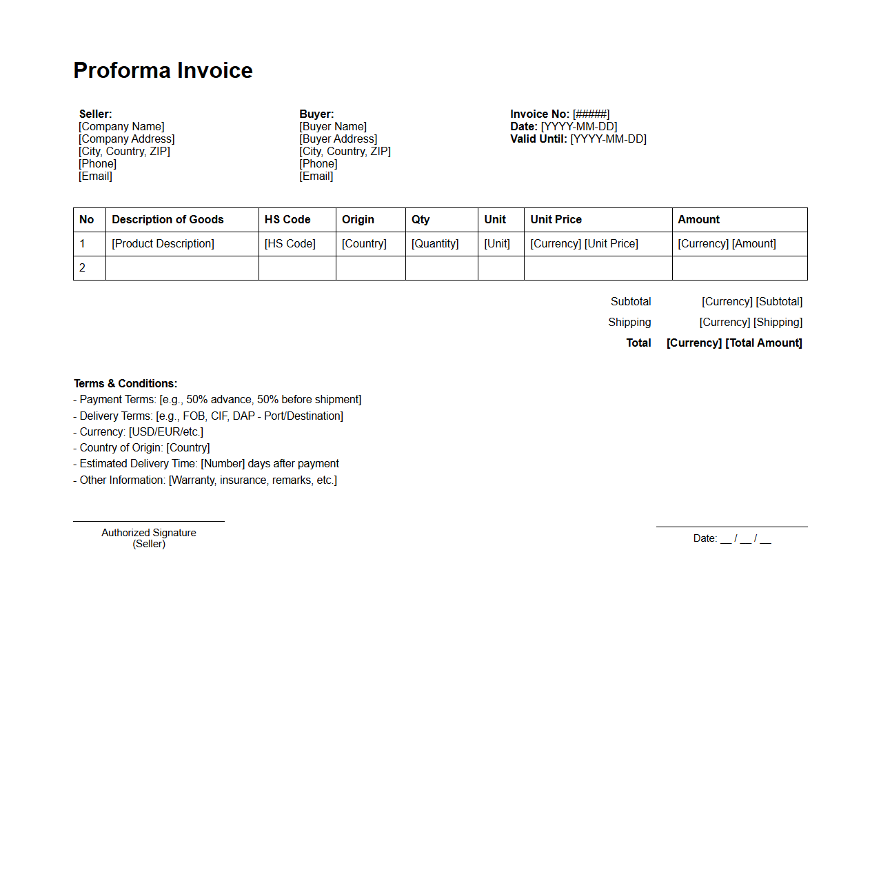 Minimalist Proforma Invoice Sheet for International Orders
