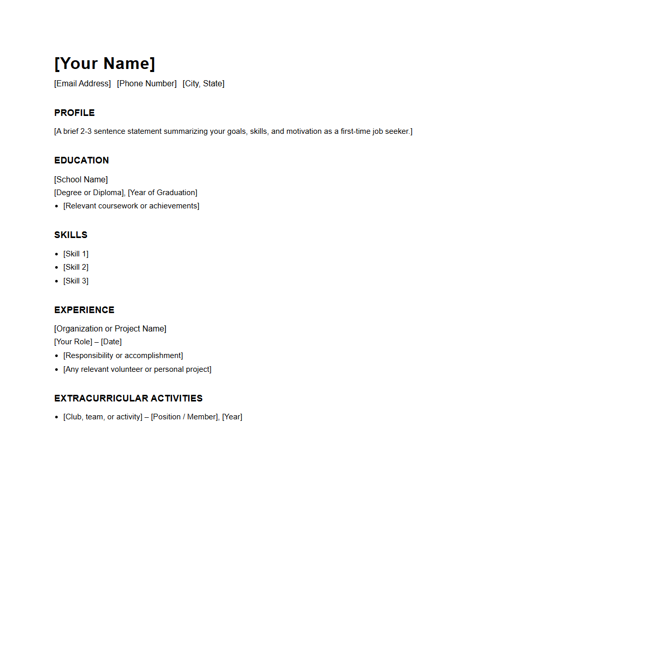 Minimalist Resume Sheet for First Time Job Seekers