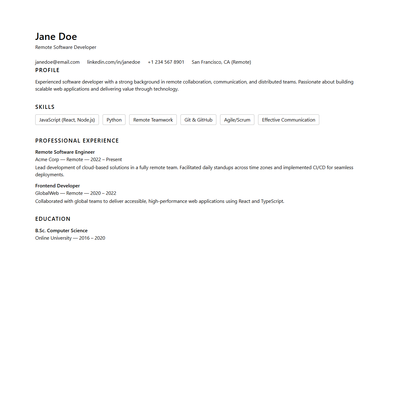 Minimalist Resume Template for Remote Work Applications