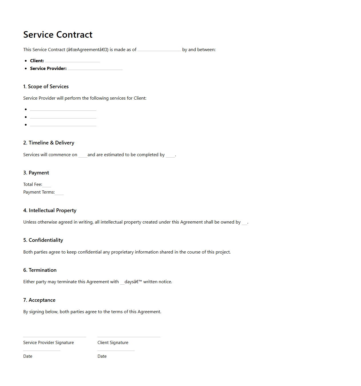 Minimalist Service Contract Template for Creative Professionals